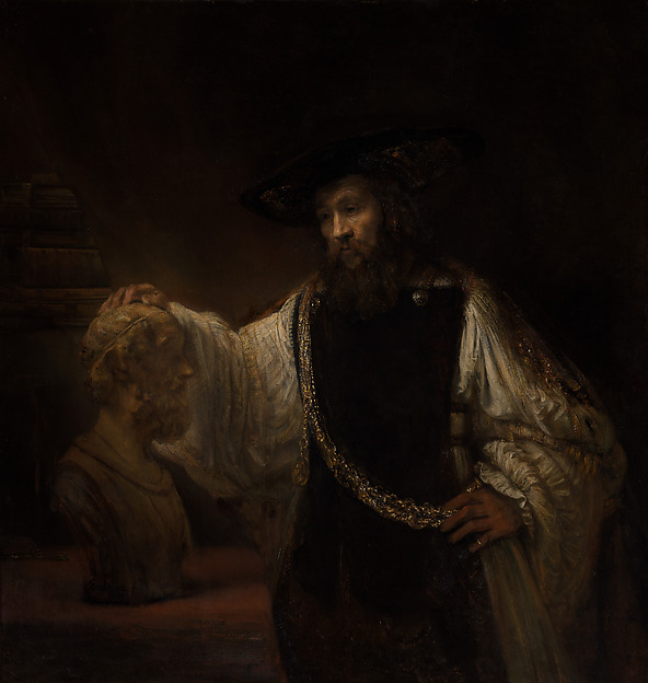 Rembrandt (Rembrandt van Rijn), «Aristotle with a Bust of Homer», 1653. The Met, dominio público CC0. Sirve para observar cómo la sombra dirige la atención; no es un tatuaje ni una prueba de factibilidad.